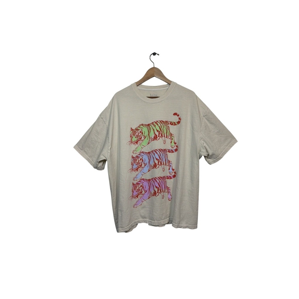 Lala Tiger Graphic T-Shirt Women L/XL Cream Oversized Short Sleeve Crew Neck Tee